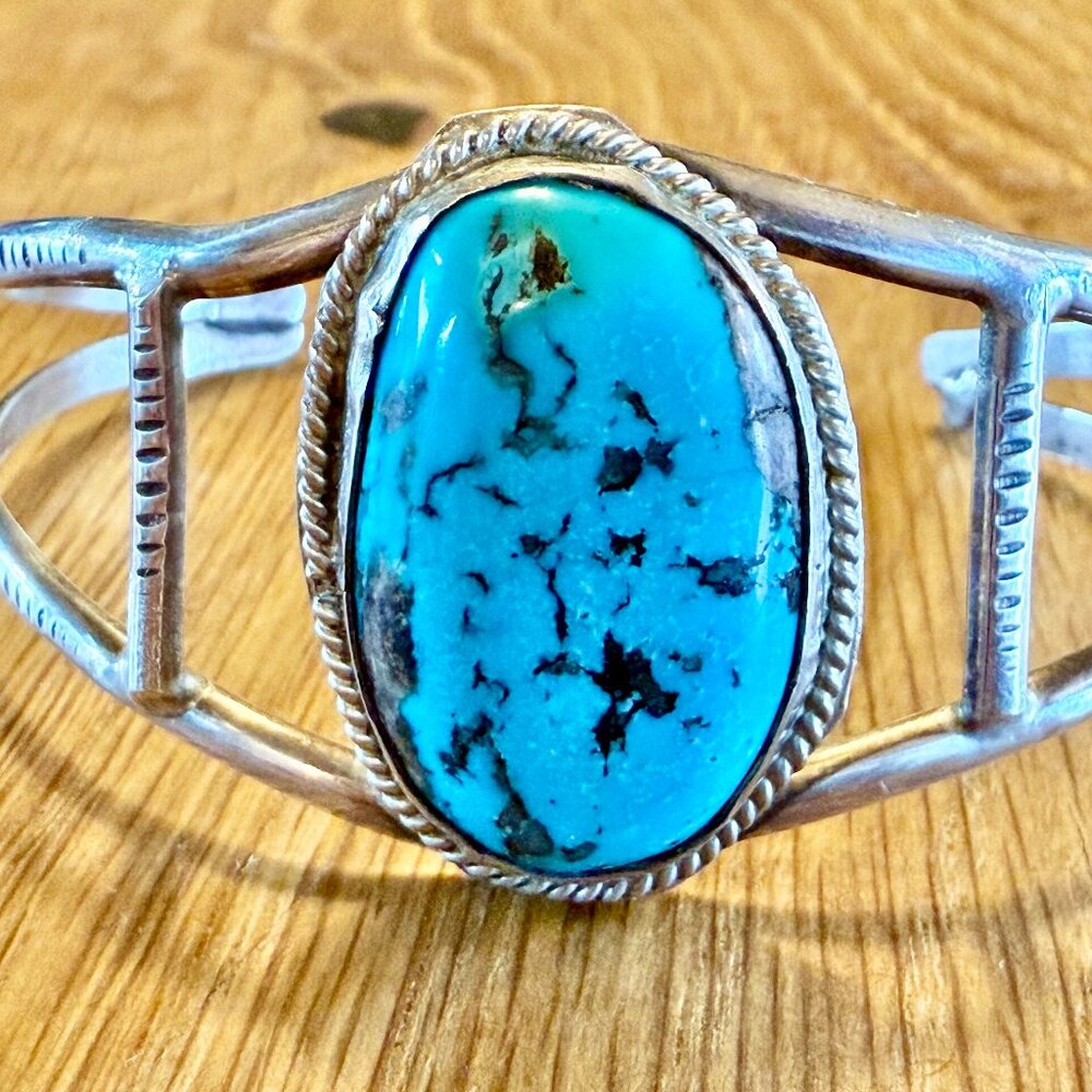 6 1/2" Vintage Solid Silver & Sky Blue Turquoise Cuff